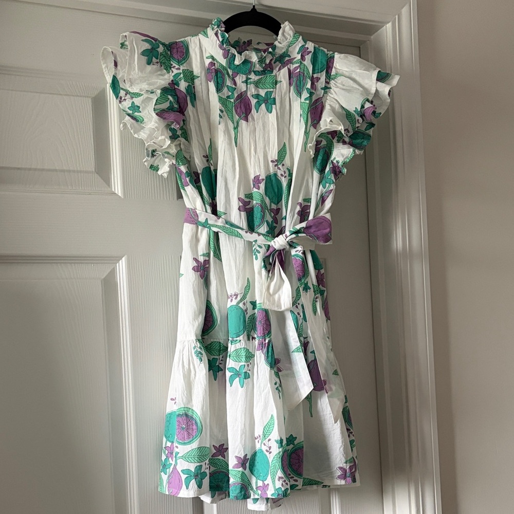 Victoria Dunn White Mini Dress with Green & Purple Floral Motif